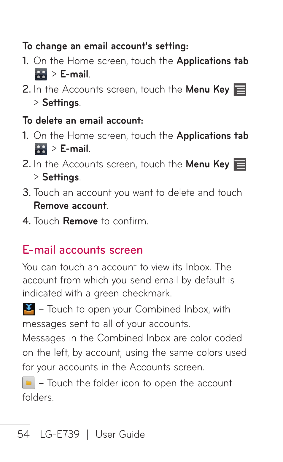 E-mail accounts screen | LG E739 User Manual | Page 54 / 146