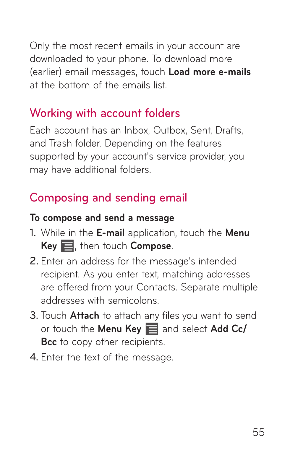 Working with account folders, Composing and sending email | LG E739 User Manual | Page 55 / 146