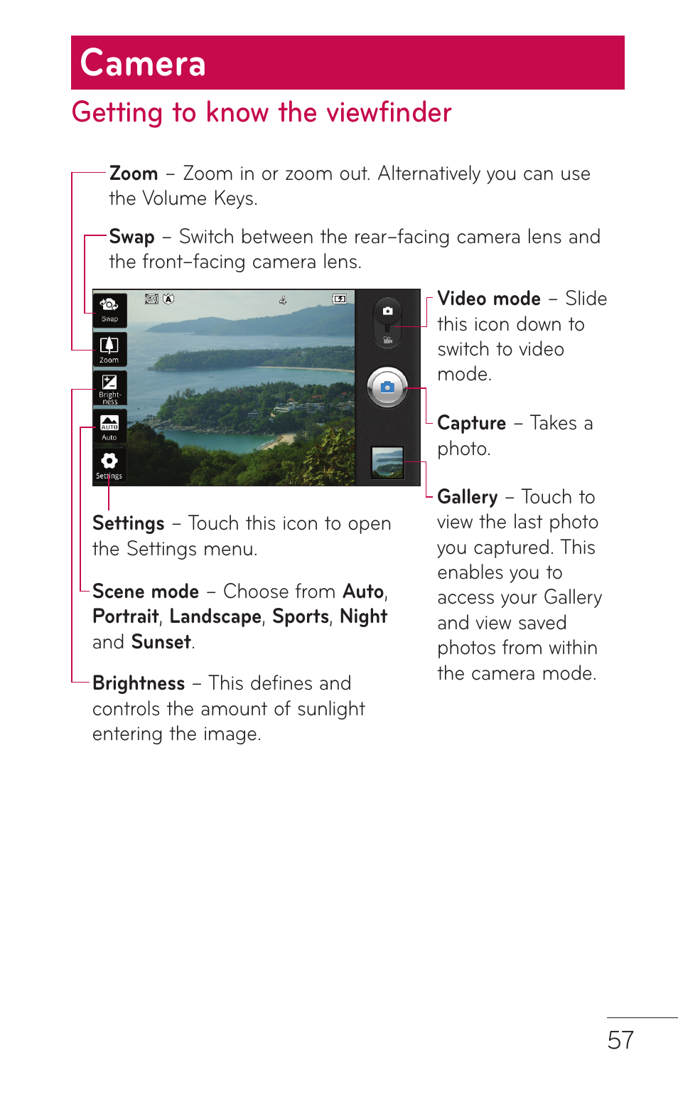 Camera, Getting to know the viewfinder | LG E739 User Manual | Page 57 / 146