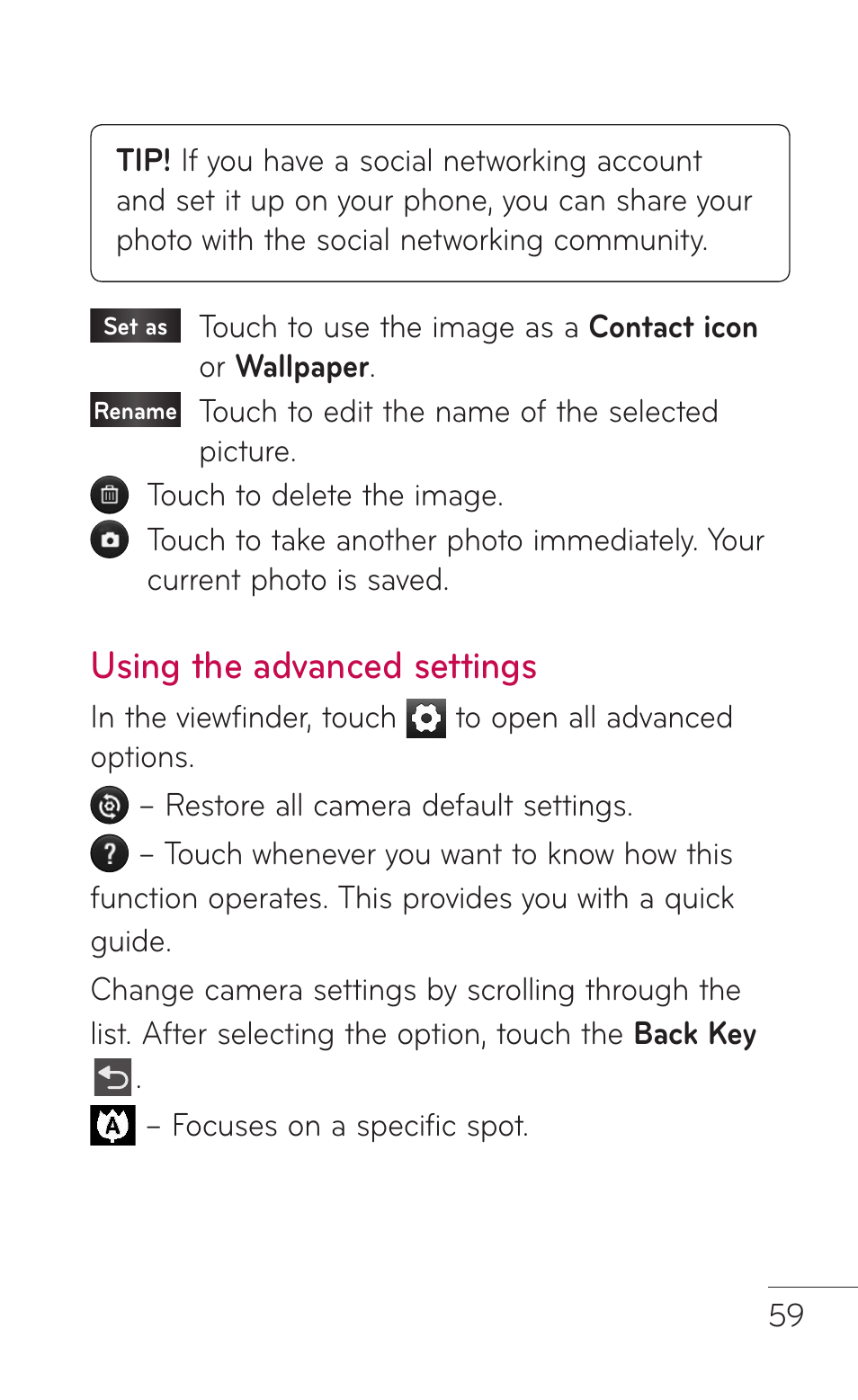 Using the advanced settings | LG E739 User Manual | Page 59 / 146