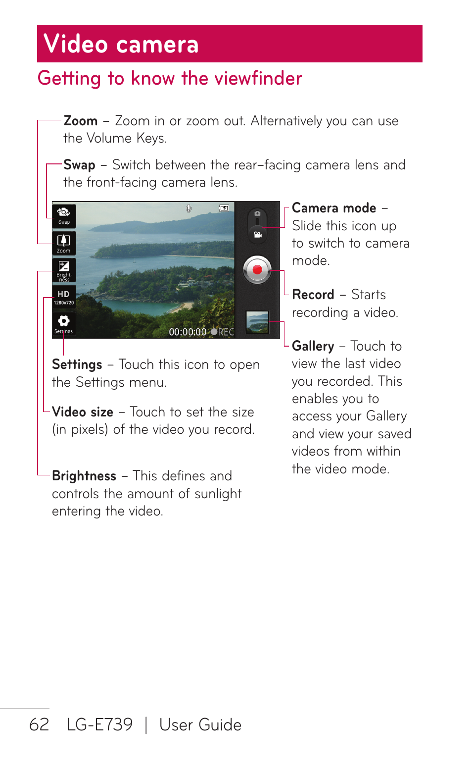 Video camera, Getting to know the viewfinder | LG E739 User Manual | Page 62 / 146