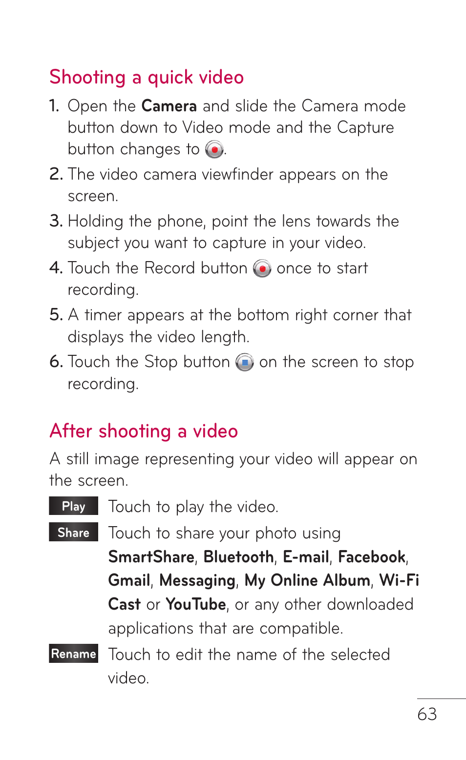 Shooting a quick video, After shooting a video | LG E739 User Manual | Page 63 / 146