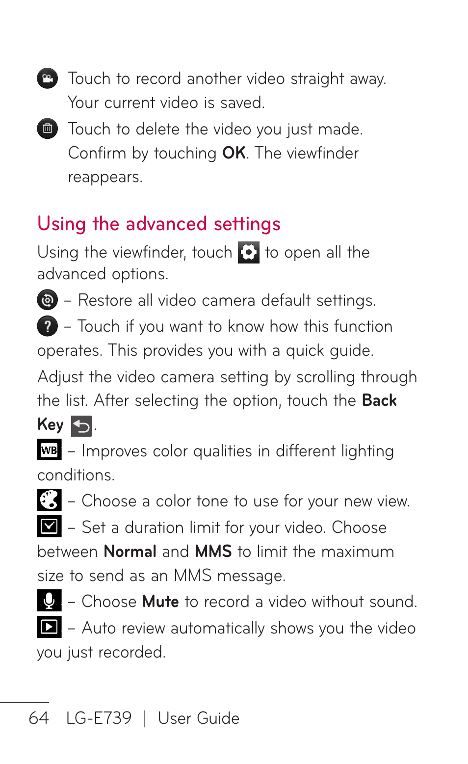 Using the advanced settings | LG E739 User Manual | Page 64 / 146