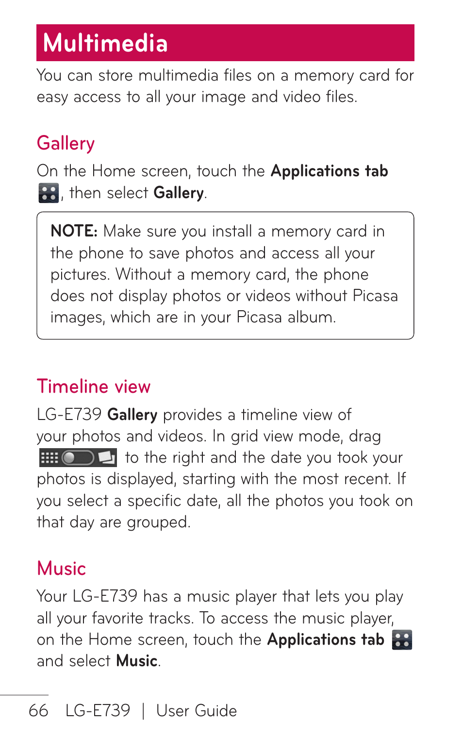 Multimedia, Gallery, Timeline view | Music | LG E739 User Manual | Page 66 / 146