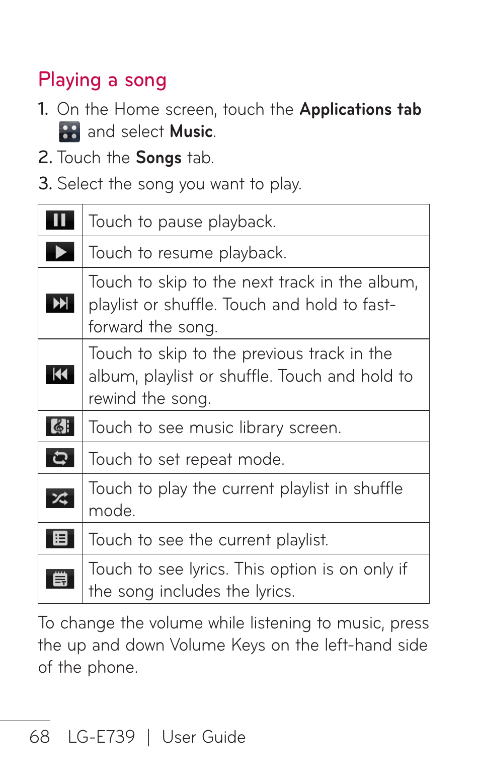 Playing a song | LG E739 User Manual | Page 68 / 146