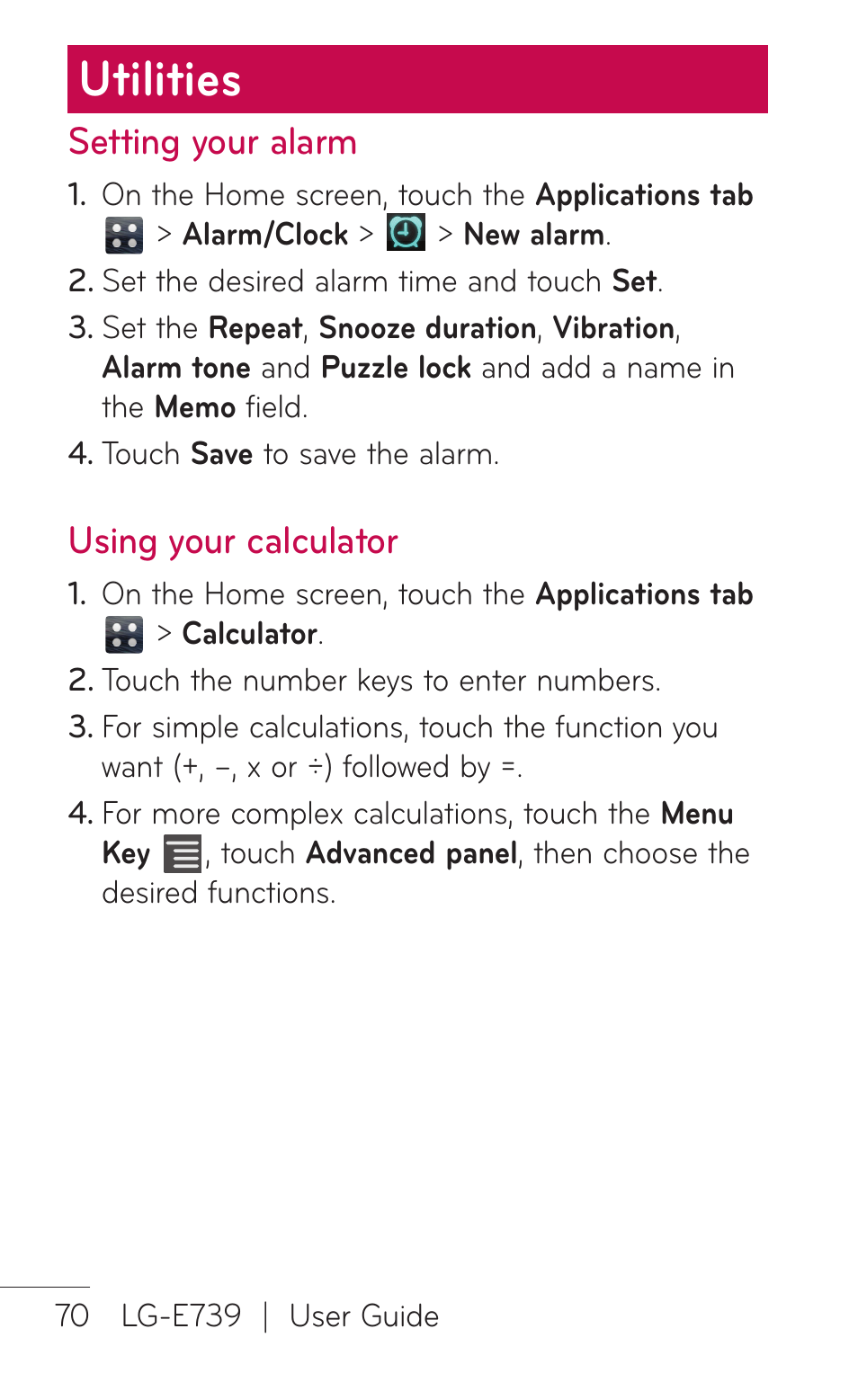 Utilities, Setting your alarm, Using your calculator | LG E739 User Manual | Page 70 / 146