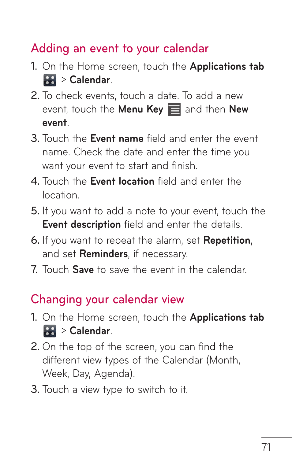 Adding an event to your calendar, Changing your calendar view | LG E739 User Manual | Page 71 / 146