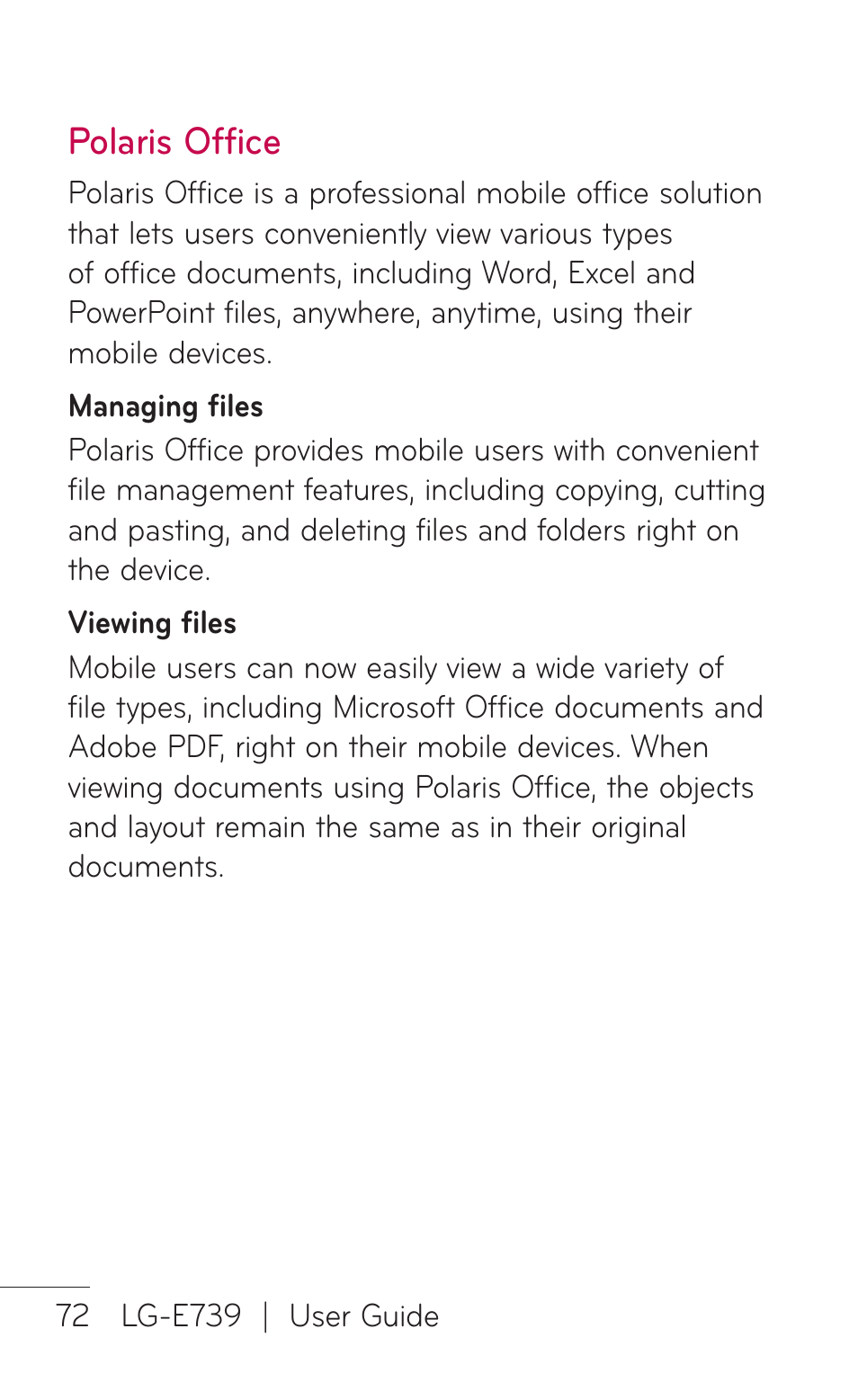 Polaris office | LG E739 User Manual | Page 72 / 146