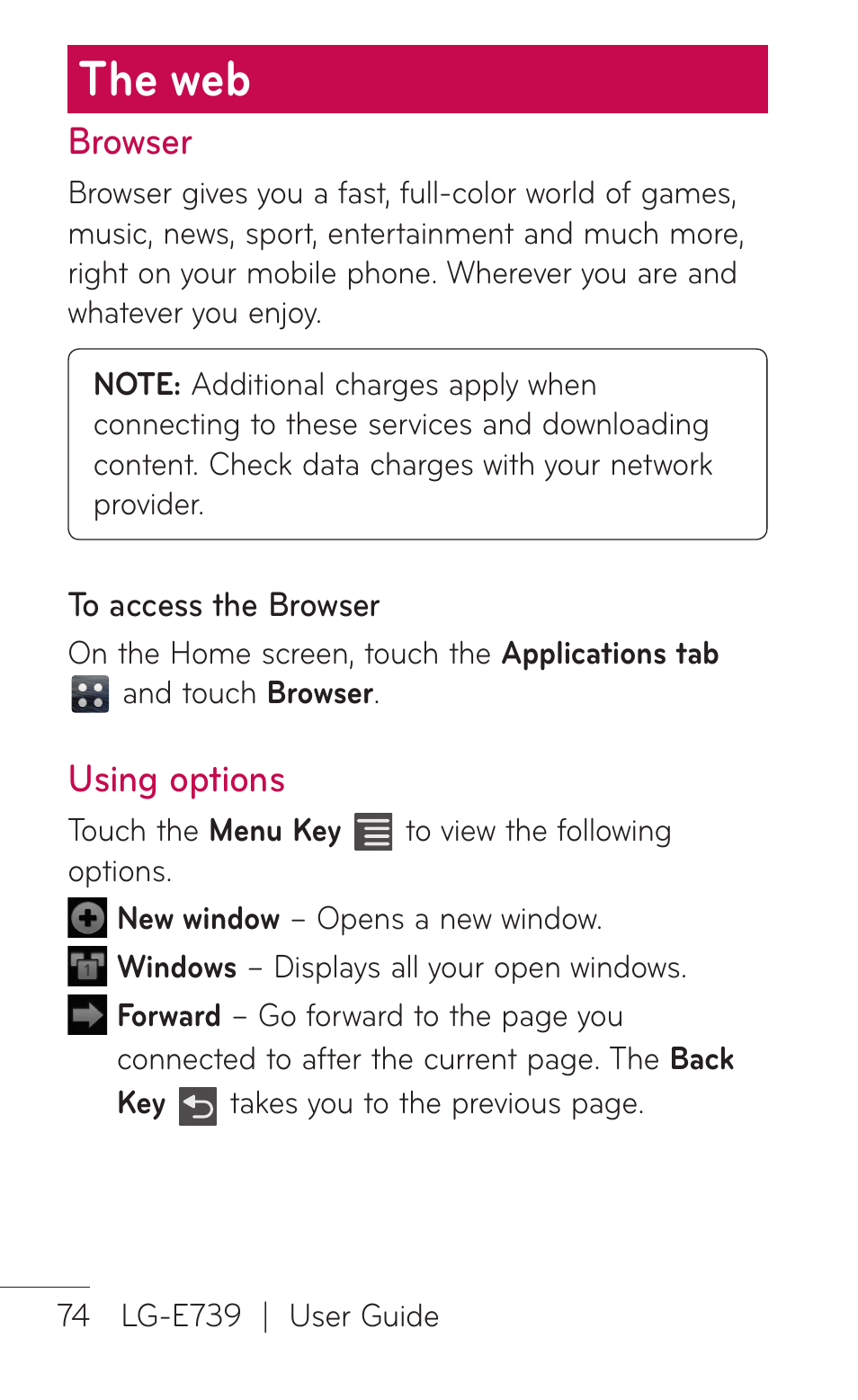 The web, Browser, Using options | LG E739 User Manual | Page 74 / 146