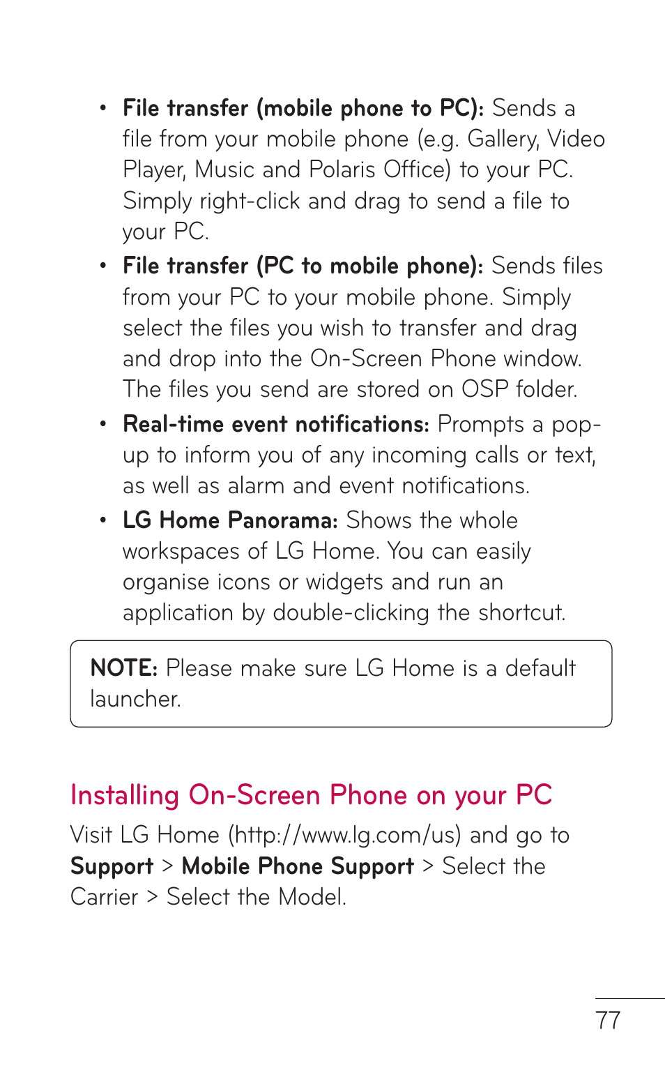 Installing on-screen phone on your pc | LG E739 User Manual | Page 77 / 146