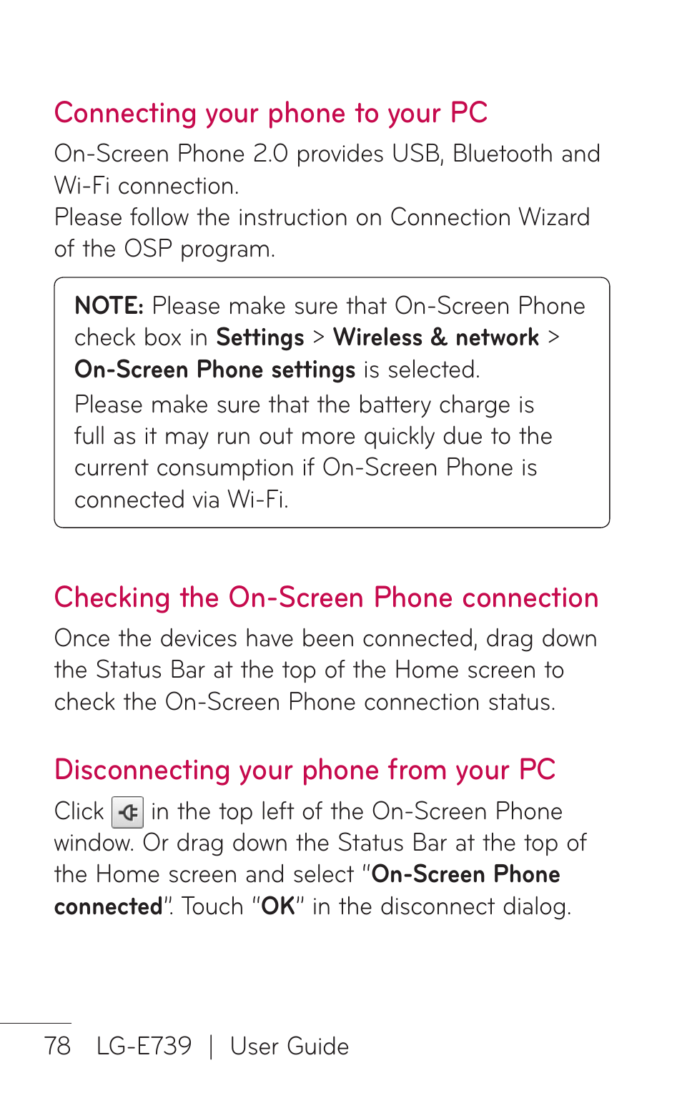 Connecting your phone to your pc, Checking the on-screen phone connection, Disconnecting your phone from your pc | LG E739 User Manual | Page 78 / 146