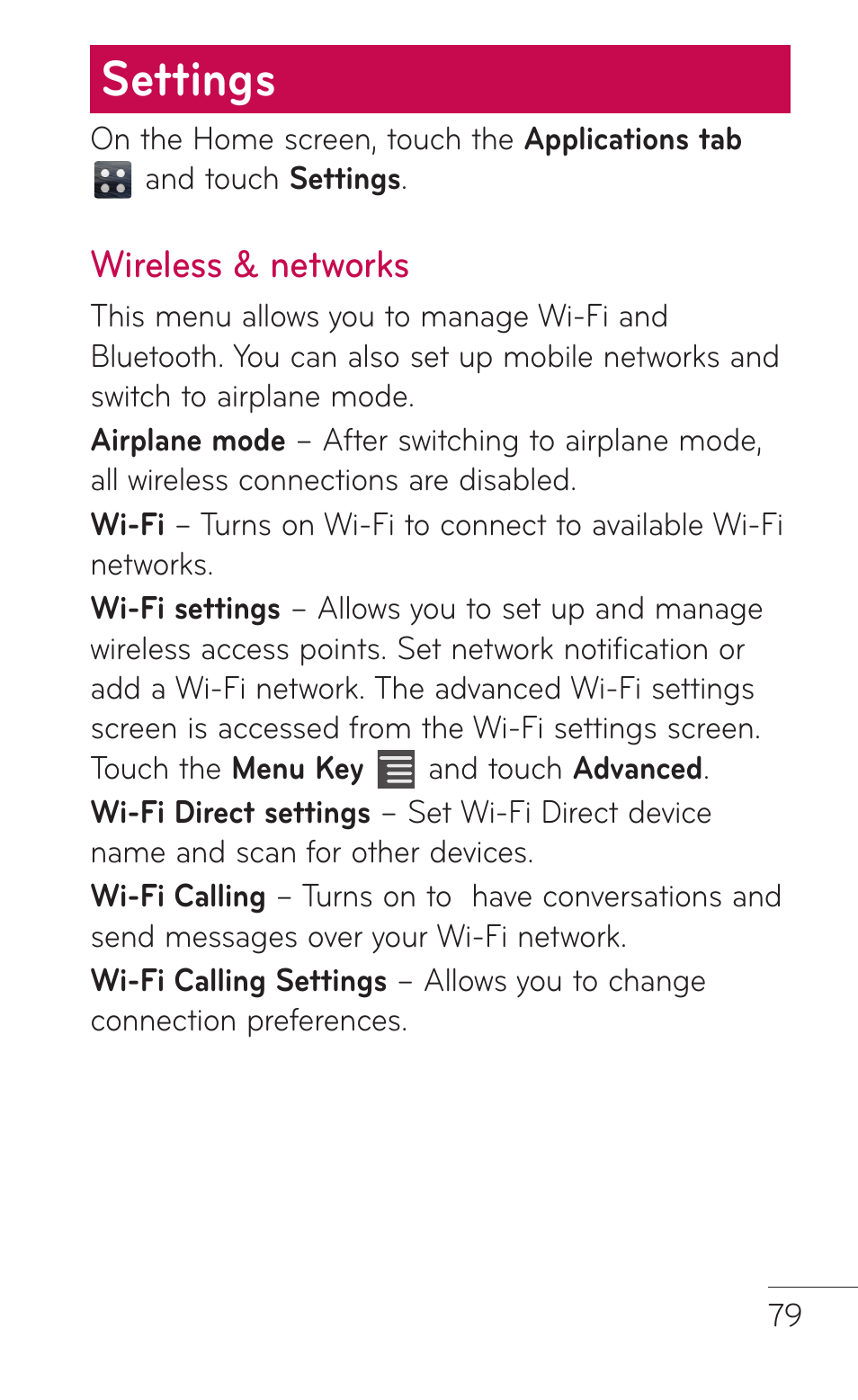 Settings, Wireless & networks | LG E739 User Manual | Page 79 / 146