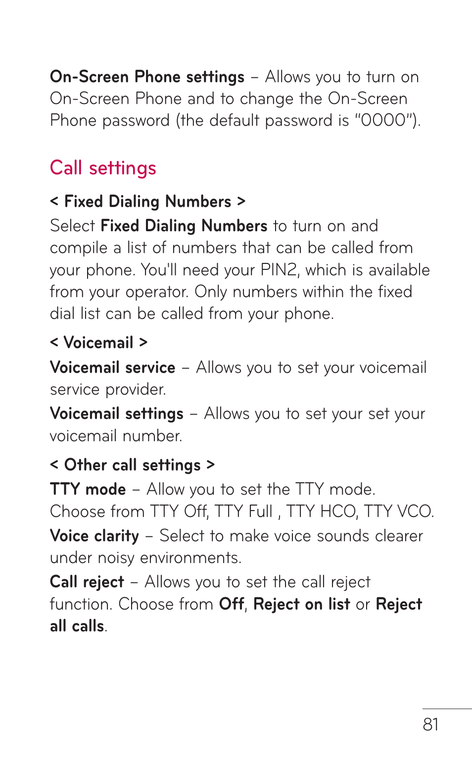 Call settings | LG E739 User Manual | Page 81 / 146