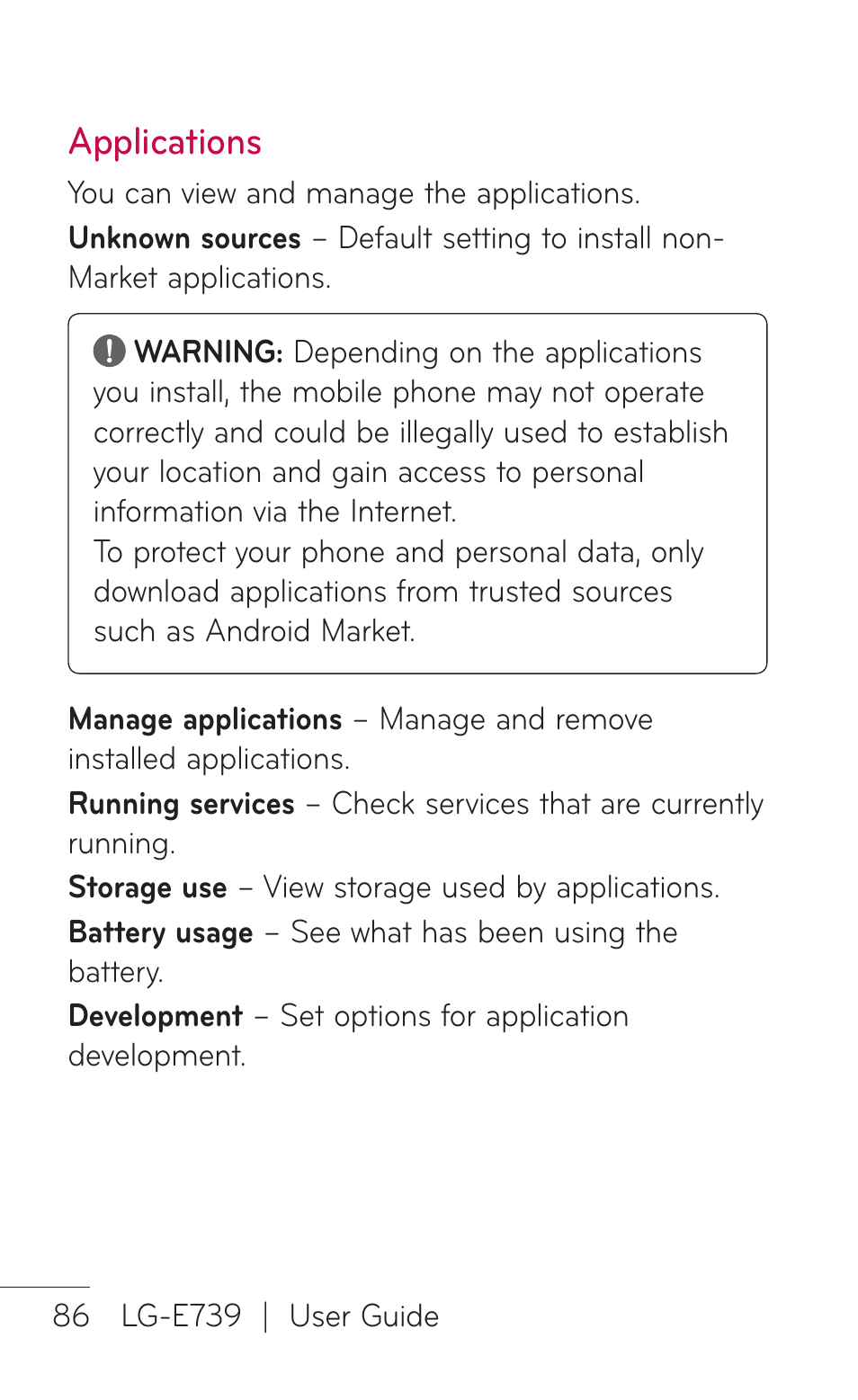 Applications | LG E739 User Manual | Page 86 / 146