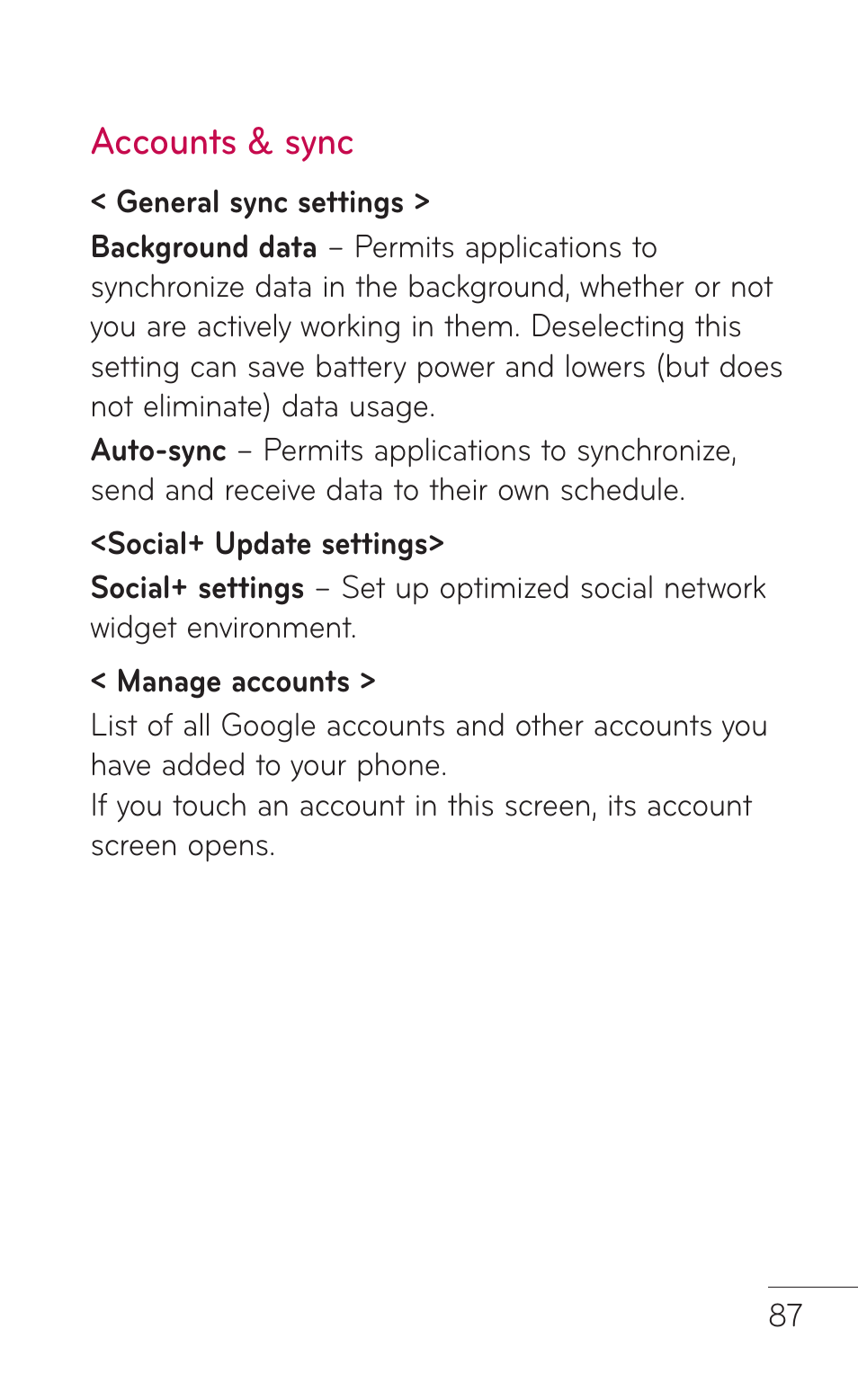 Accounts & sync | LG E739 User Manual | Page 87 / 146