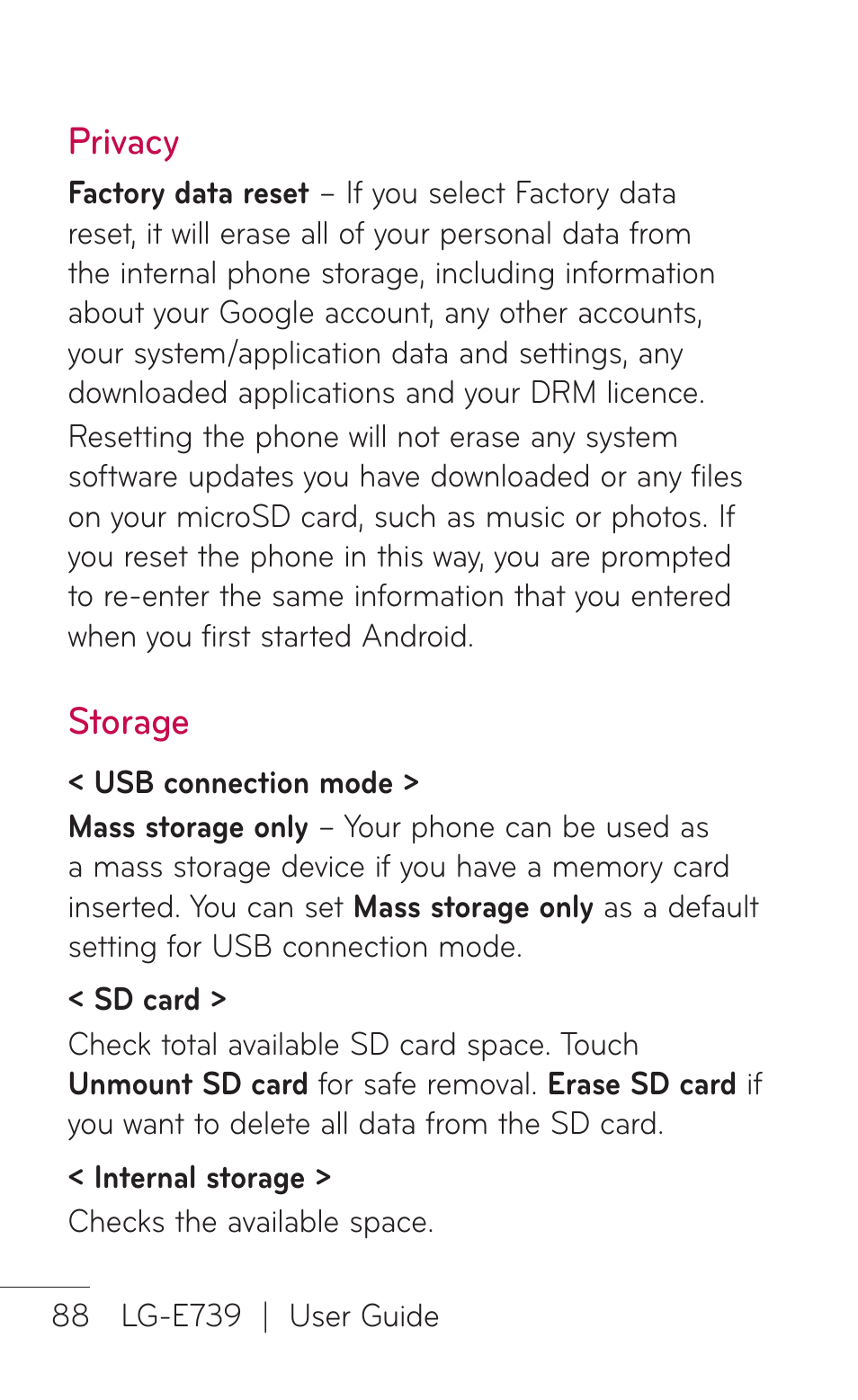 Privacy, Storage | LG E739 User Manual | Page 88 / 146