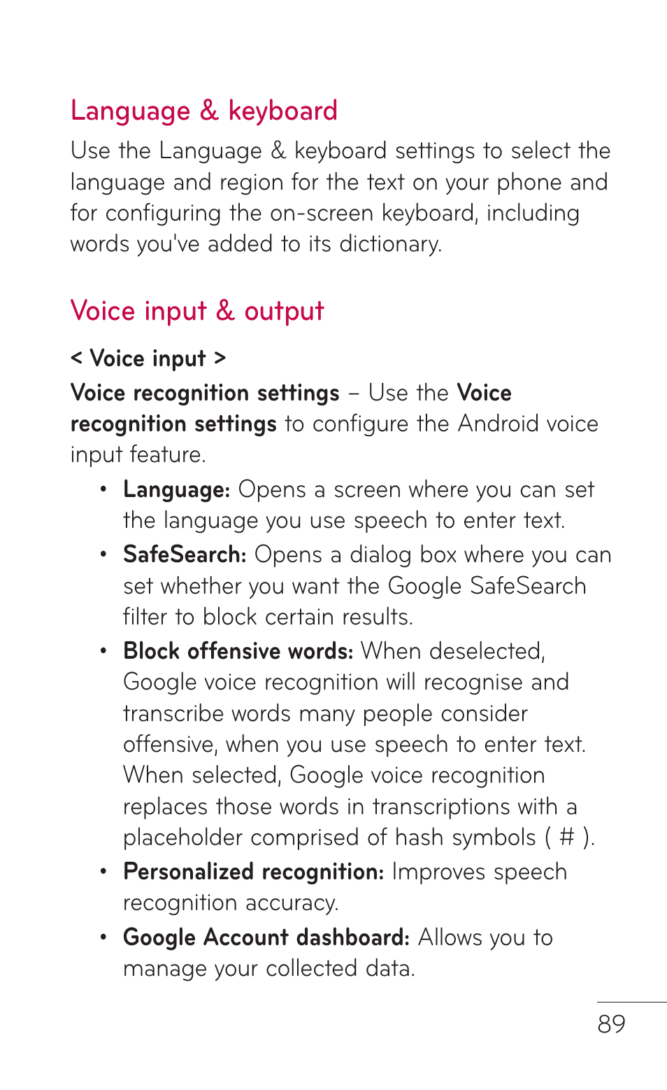 Language & keyboard, Voice input & output | LG E739 User Manual | Page 89 / 146