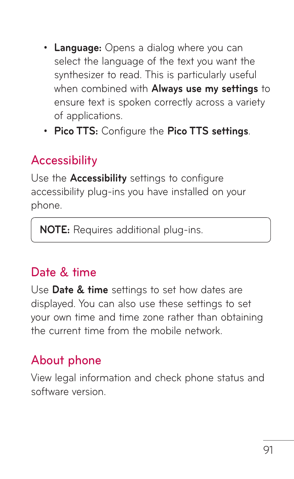 Accessibility, Date & time, About phone | LG E739 User Manual | Page 91 / 146