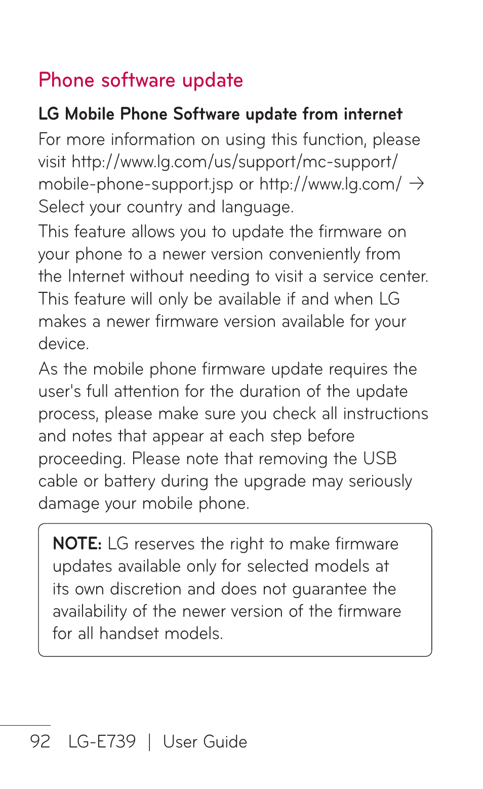 Phone software update | LG E739 User Manual | Page 92 / 146