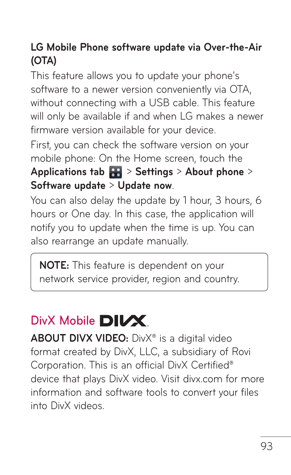 Divx mobile | LG E739 User Manual | Page 93 / 146