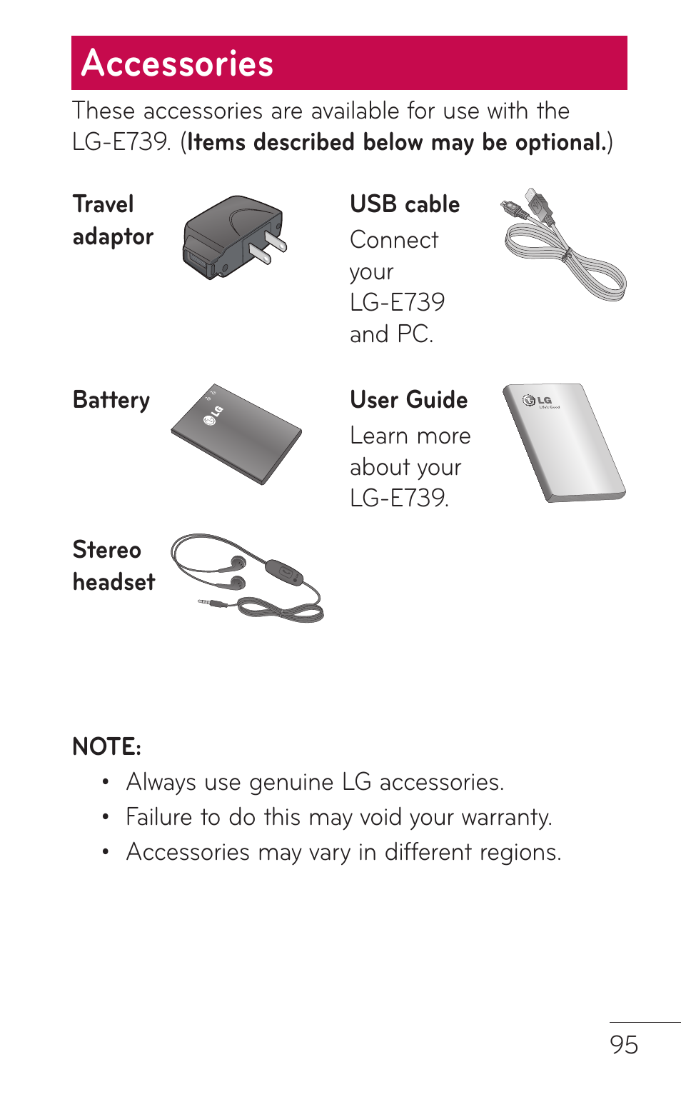 Accessories | LG E739 User Manual | Page 95 / 146