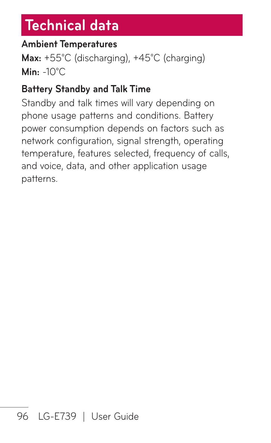 Technical data | LG E739 User Manual | Page 96 / 146