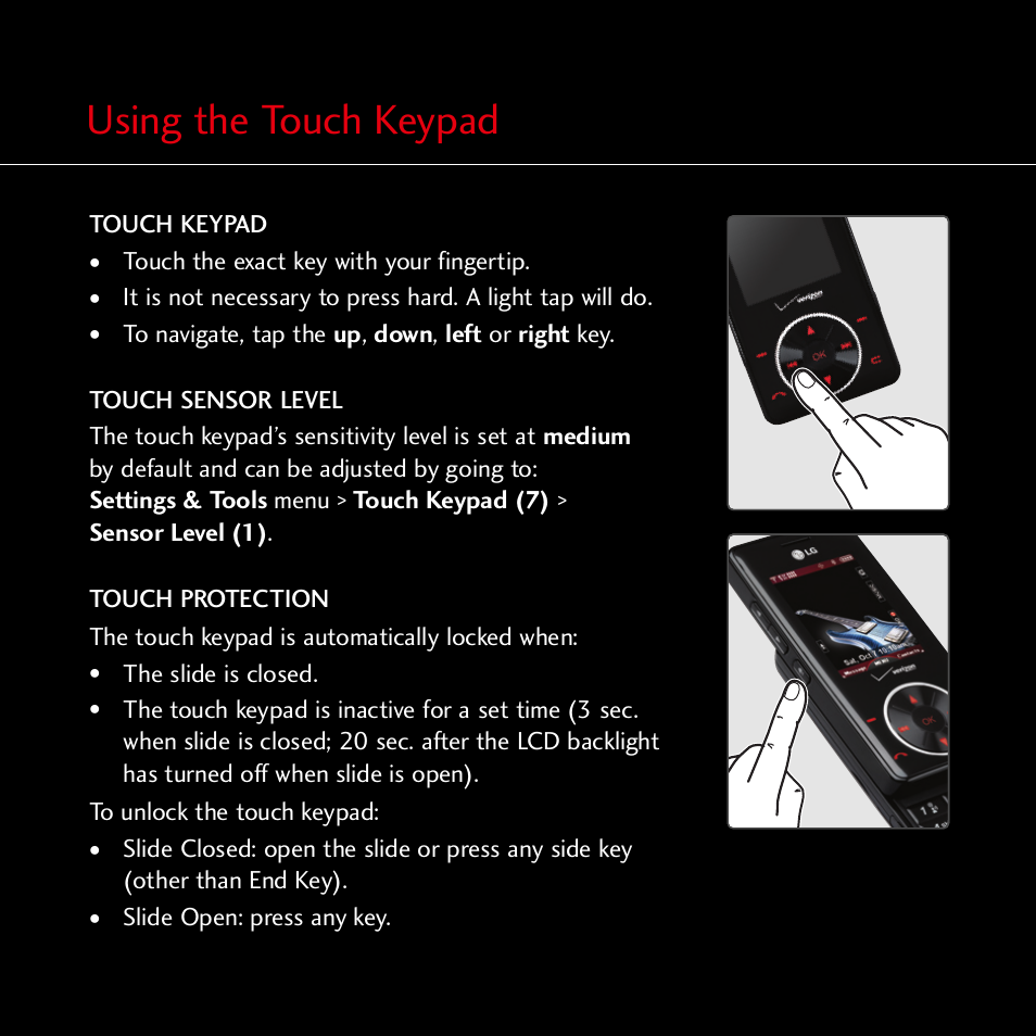 Using the touch keypad | Verizon CHOCOLATE MCDD0007801 User Manual | Page 3 / 12