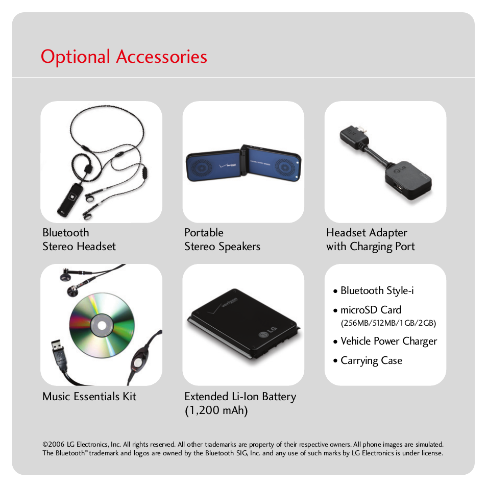 Optional accessories | Verizon CHOCOLATE MCDD0007801 User Manual | Page 7 / 12