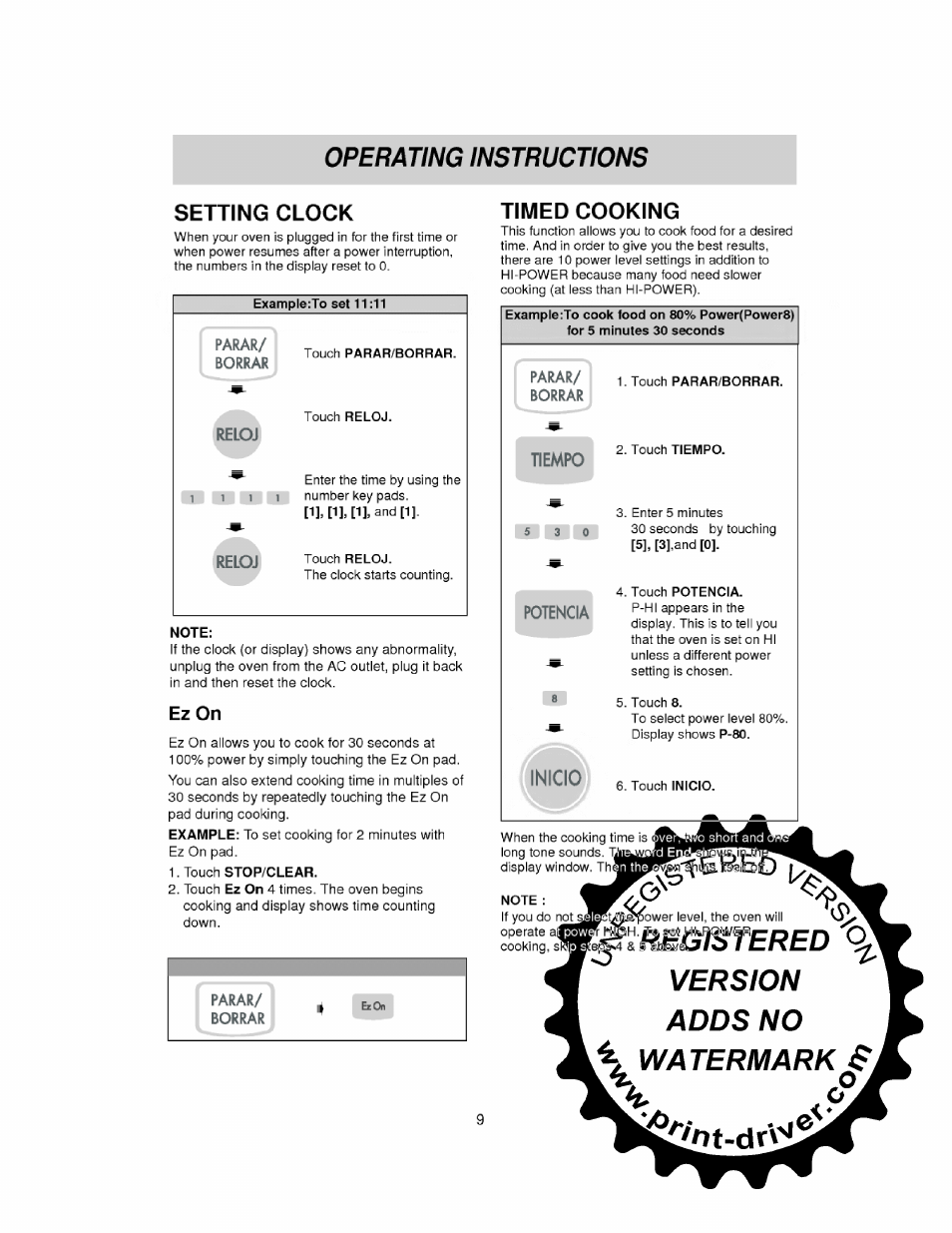 Setting clock, Ez on, Parar | Timed cooking, Operating instructions | LG MS-0745V User Manual | Page 9 / 19