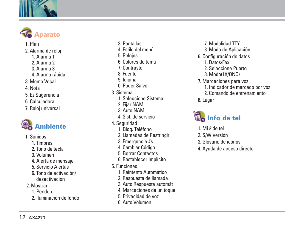 Descripción general de los menús, Aparato, Ambiente | Info de tel | LG AX4270 User Manual | Page 100 / 175