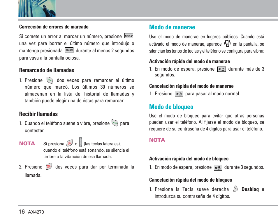 Para hacer funcionar su teléfono por primera vez, Modo de manerae, Modo de bloqueo | LG AX4270 User Manual | Page 104 / 175