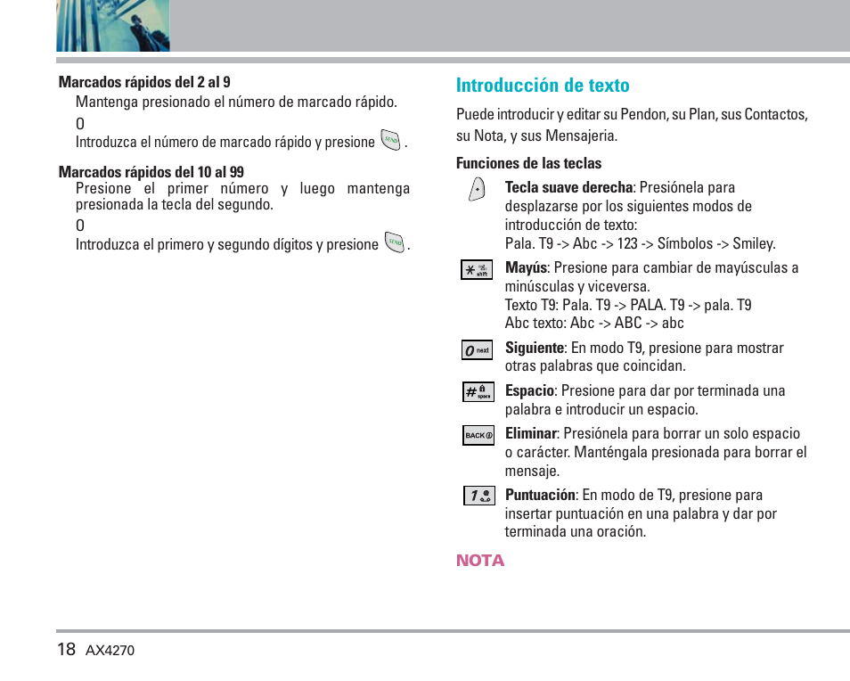 Acceso rápido a funciones prácticas, Introducción de texto | LG AX4270 User Manual | Page 106 / 175