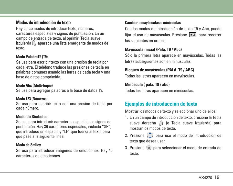 Introducir y editar información, Ejemplos de introducción de texto | LG AX4270 User Manual | Page 107 / 175