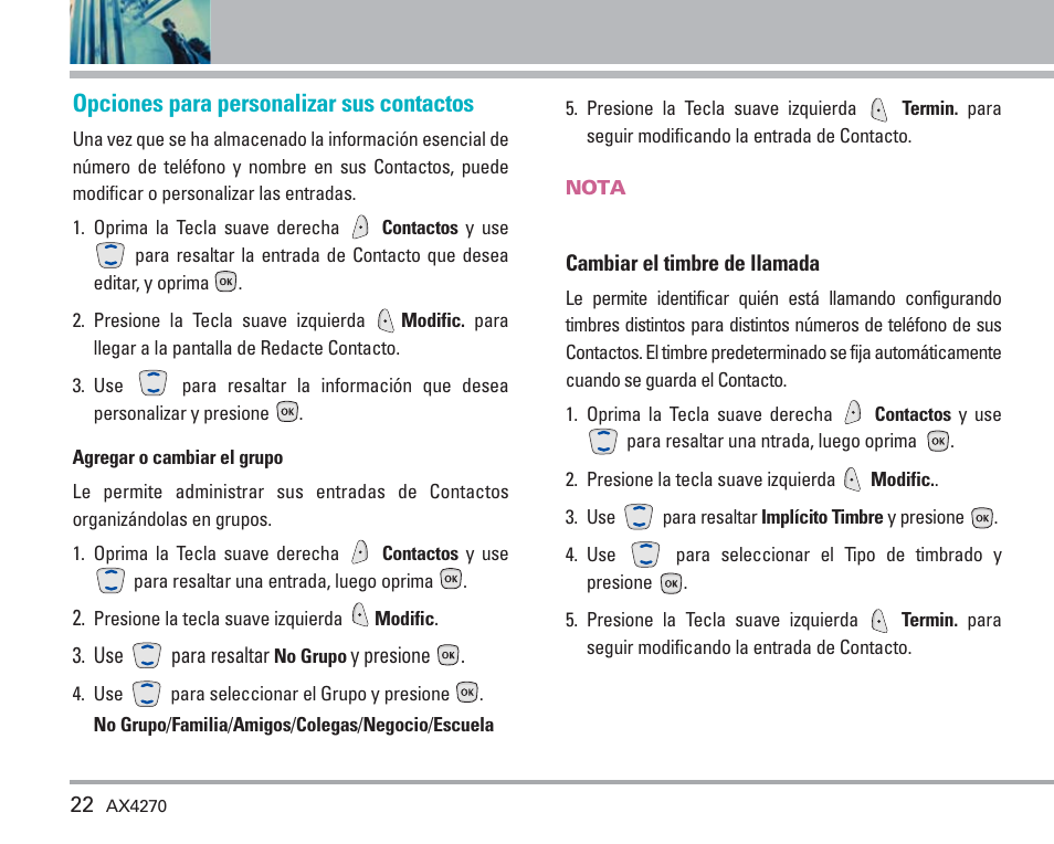 Opciones para personalizar sus contactos | LG AX4270 User Manual | Page 110 / 175