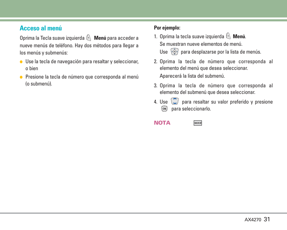 Uso de los menús del teléfono, Acceso al menú | LG AX4270 User Manual | Page 119 / 175