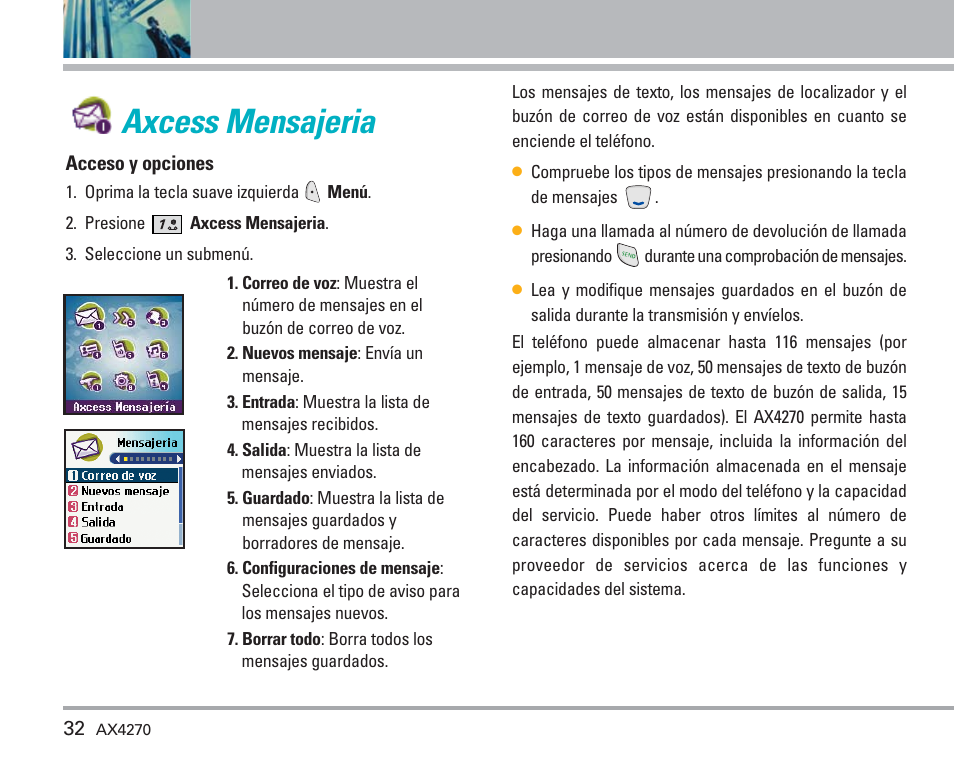 Axcess mensajeria, Uso de los menús del teléfono | LG AX4270 User Manual | Page 120 / 175