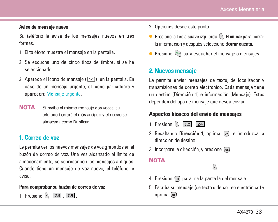 Correo de voz, Nuevos mensaje | LG AX4270 User Manual | Page 121 / 175