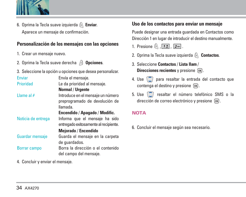 Uso de los menús del teléfono | LG AX4270 User Manual | Page 122 / 175