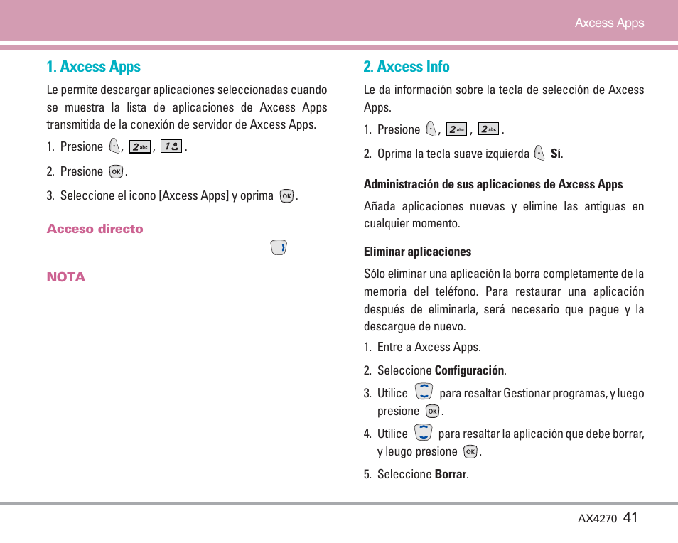 Axcess apps, Axcess info | LG AX4270 User Manual | Page 129 / 175