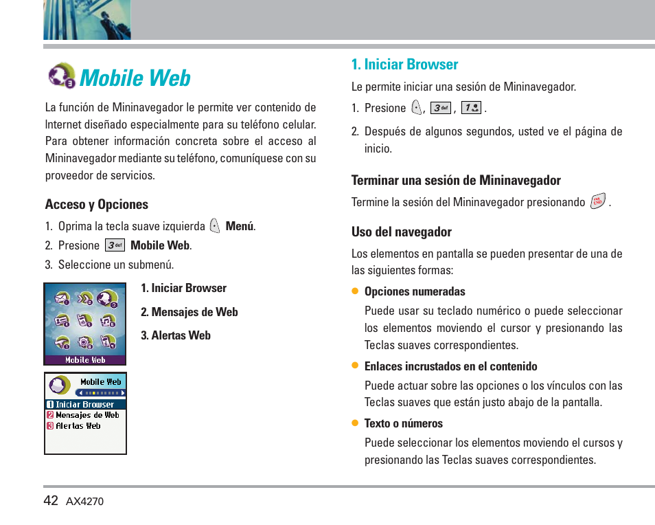 Mobile web, Uso de los menús del teléfono, Iniciar browser | LG AX4270 User Manual | Page 130 / 175