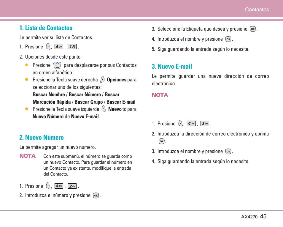 Lista de contactos, Nuevo número, Nuevo e-mail | LG AX4270 User Manual | Page 133 / 175