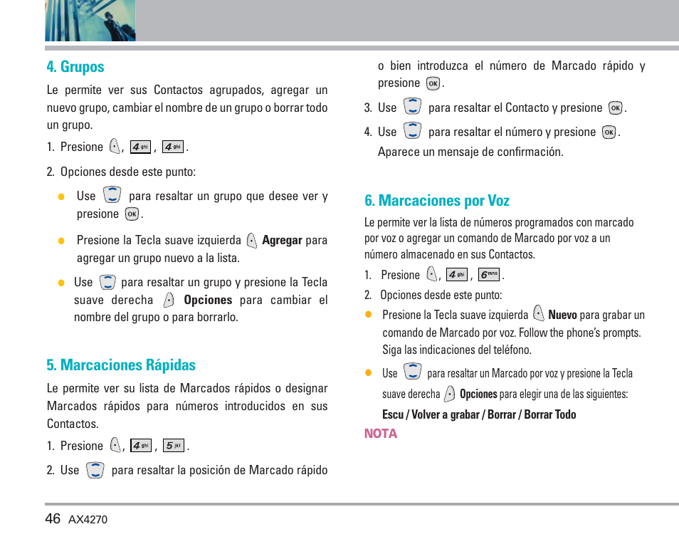 Uso de los menús del teléfono, Grupos, Marcaciones rápidas | Marcaciones por voz | LG AX4270 User Manual | Page 134 / 175