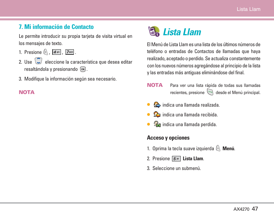 Lista llam, Mi información de contacto | LG AX4270 User Manual | Page 135 / 175