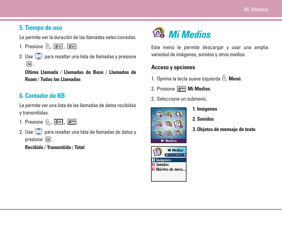 Mi medios, Tiempo de uso, Contador de kb | LG AX4270 User Manual | Page 137 / 175