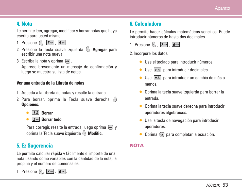 Nota, Ez sugerencia, Calculadora | LG AX4270 User Manual | Page 141 / 175