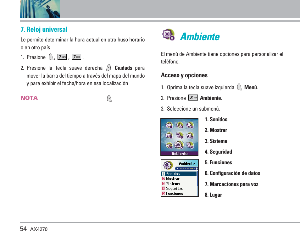 Ambiente, Uso de los menús del teléfono, Reloj universal | LG AX4270 User Manual | Page 142 / 175