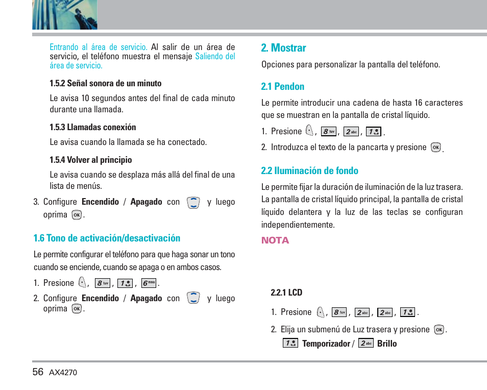 Uso de los menús del teléfono, Mostrar | LG AX4270 User Manual | Page 144 / 175