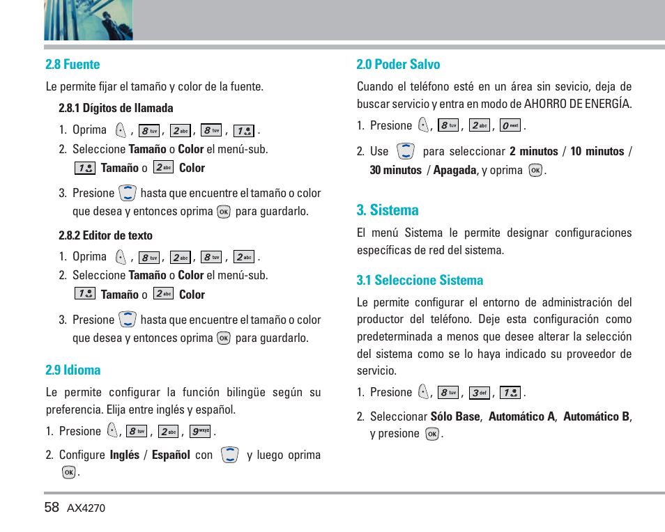 Uso de los menús del teléfono, Sistema | LG AX4270 User Manual | Page 146 / 175