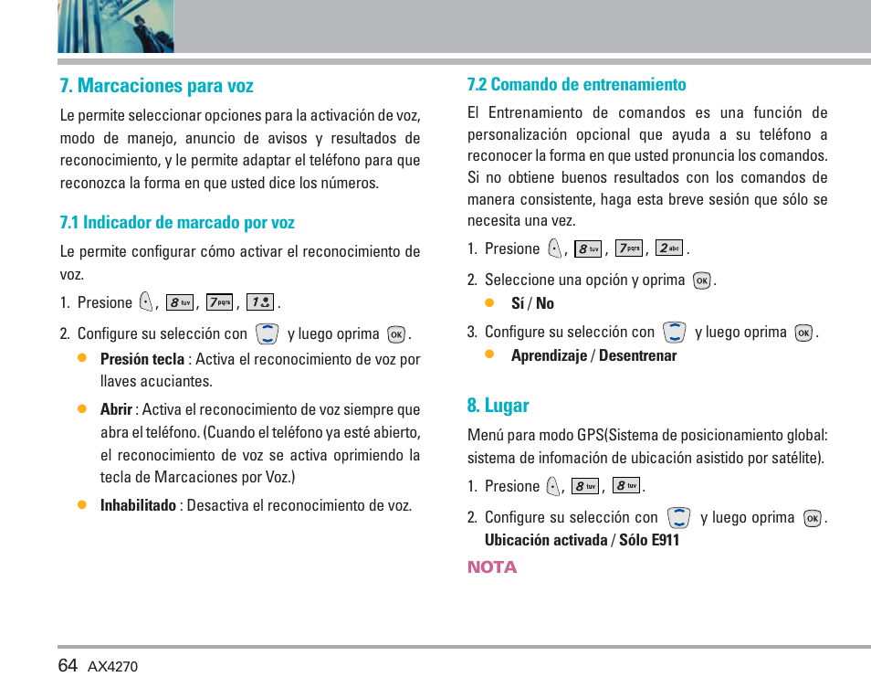 Uso de los menús del teléfono, Marcaciones para voz, Lugar | LG AX4270 User Manual | Page 152 / 175