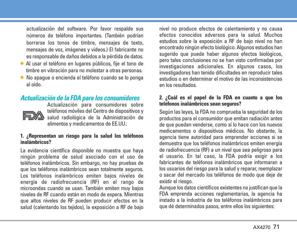 Actualización de la fda para los consumidores | LG AX4270 User Manual | Page 159 / 175